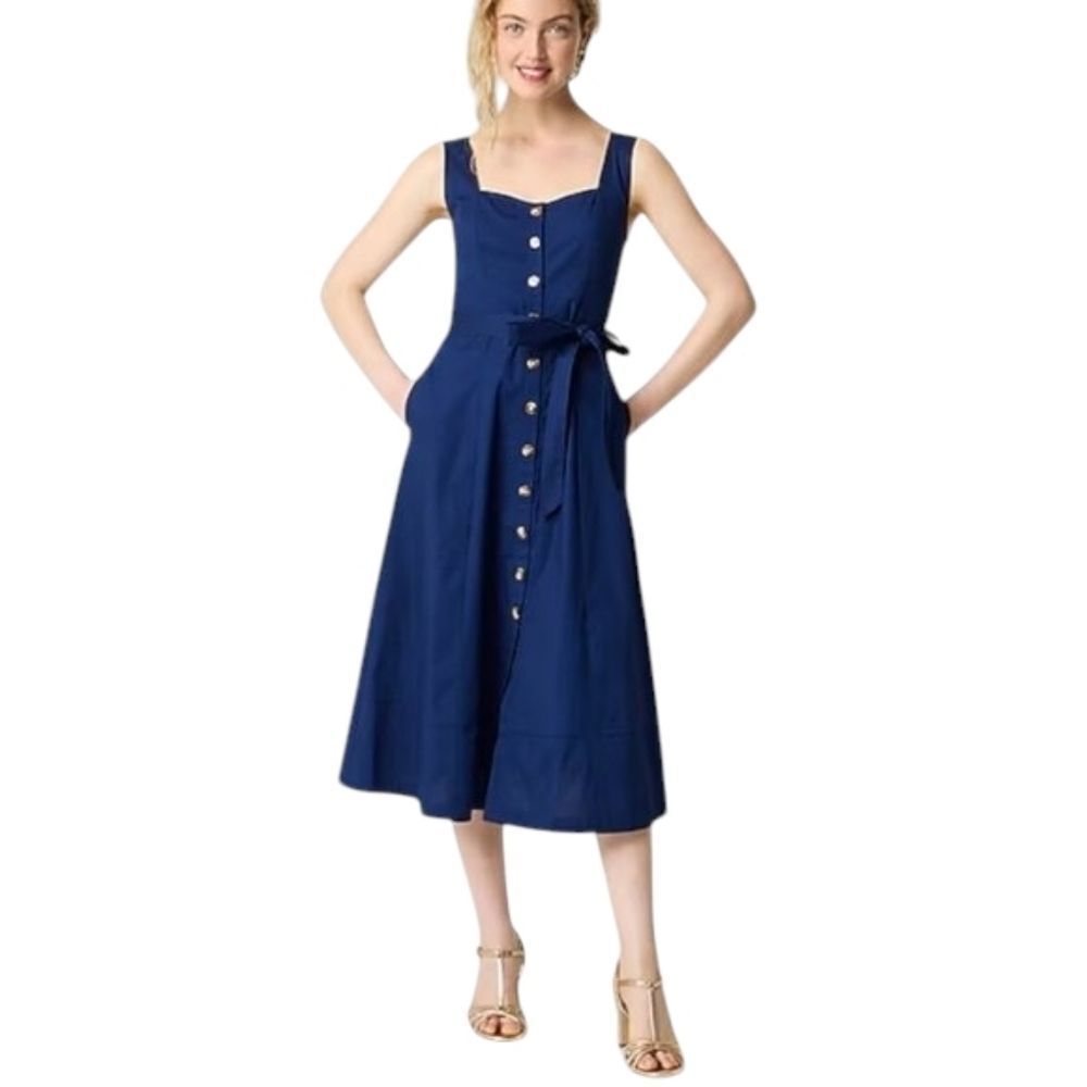 NWT J. Crew Sweetheart Button Front Midi Dress Blue Belted   6